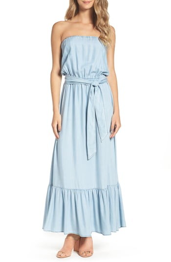 Women's Bb Dakota Kate Convertible Strapless Chambray Maxi Dress, Size X-Small - Blue | Nordstrom