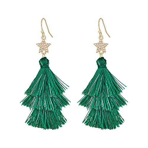 ENSKEFEN Christmas Layered Tassel Earrings For Women Green Christmas Tree Dangle Earrings Xmas Rhinestones Star Tassel Drop Earring | Amazon (US)