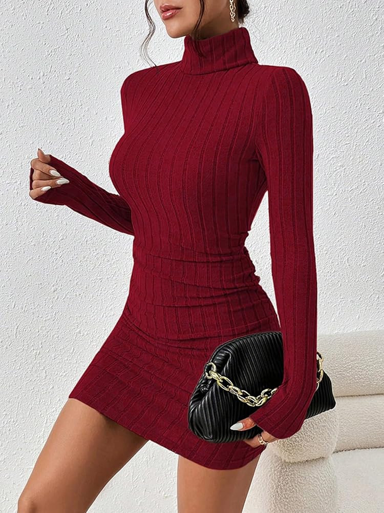 Amazon.com: Women's Sexy Knitted Ribbed Bodycon Party Dresses High Neck Long - Sleeved Mini Casua... | Amazon (US)