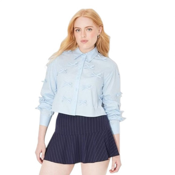 NWT Light Blue Cropped Shirt with Bow Details — 100% Cotton | Poshmark
