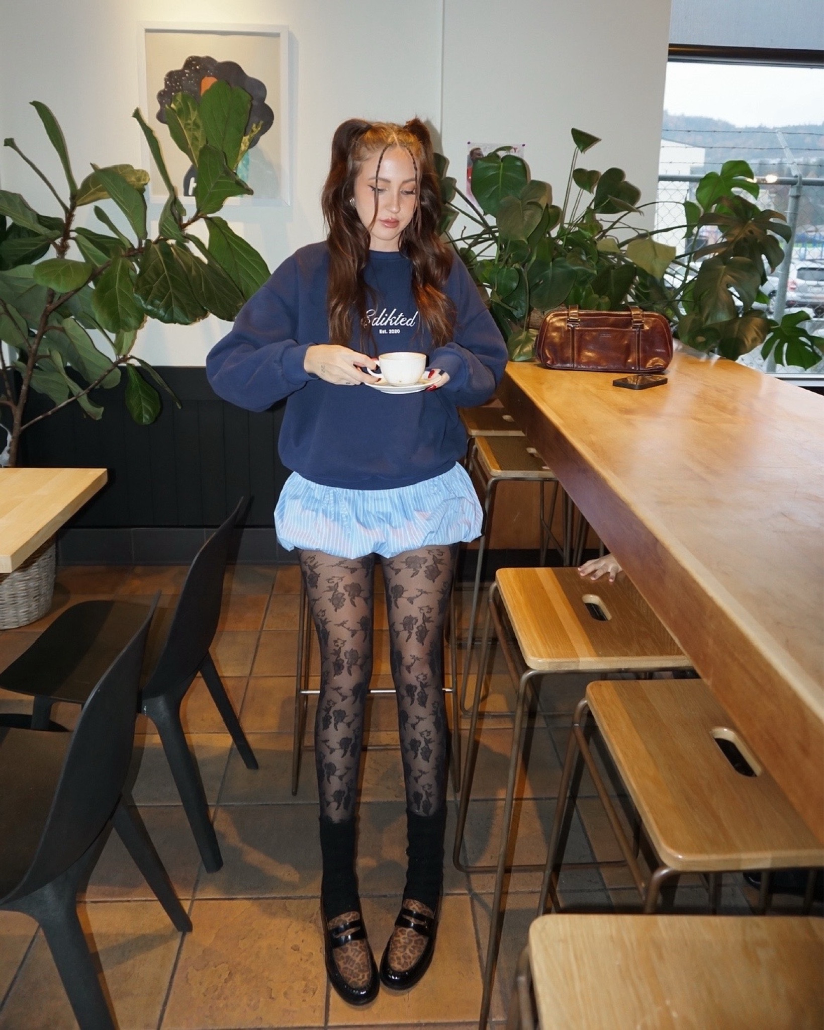 floral tights, leopard oxfords, cheetah loafers, navy blue crewneck sweater edikted, blue bubble skirt mini skirt,

#LTKFindsUnder50 #LTKStyleTip