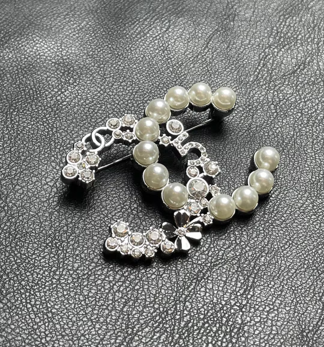 Vintage Excellent Rare Brooch Silver Tone Chanel Made in France With Stones and Pearls Big Logo -... | Etsy (US)