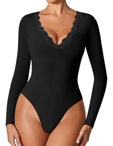 Avidlove Bodysuits for Women Long Sleeve Bodysuit Lace V Neck Black Shapewear Bodysuit Double Lined Classy Outfits Black S | Amazon (US)