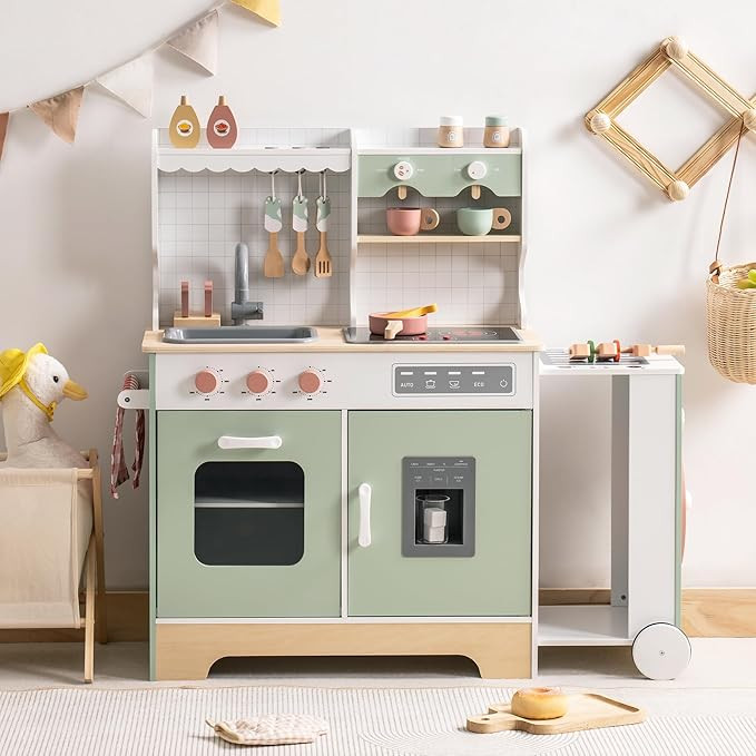 ROBOTIME Wooden Kitchen Playset, Kids Play Kitchen with Ice Maker, BBQ and Dishwasher. Pretend To... | Amazon (US)