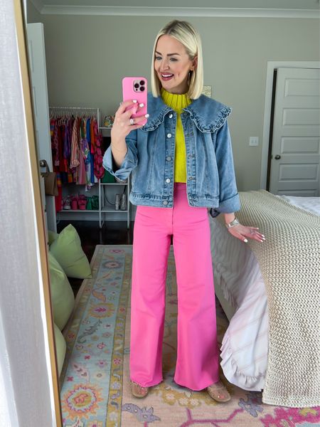 Sleeveless yellow sweater / yellow crop sweater / ruffle Peter Pan collar jacket / ruffle collar denim jacket / pink pants / studded mesh ballet flats / mom style / mom outfit 

#LTKSeasonal #LTKstyletip