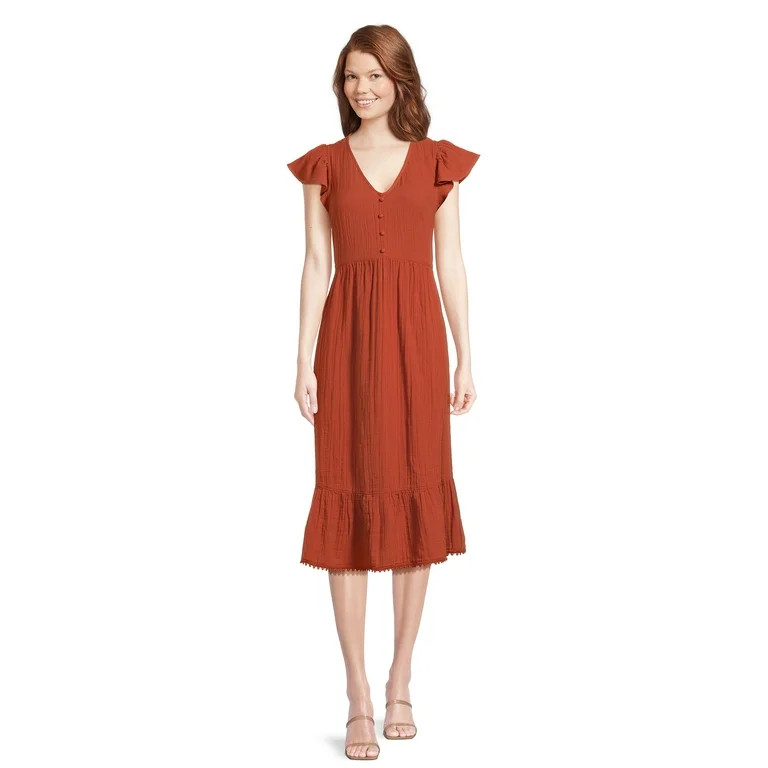 Time and Tru Women's Flutter Sleeve Midi Dress, Sizes XS-XXXL | Walmart (US)