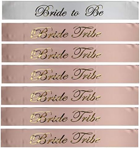 Rose Gold 7 Piece Bachelorette Party Sash Set: 6 x Bride Tribe in Rose Gold Letters on Light Pink... | Amazon (US)