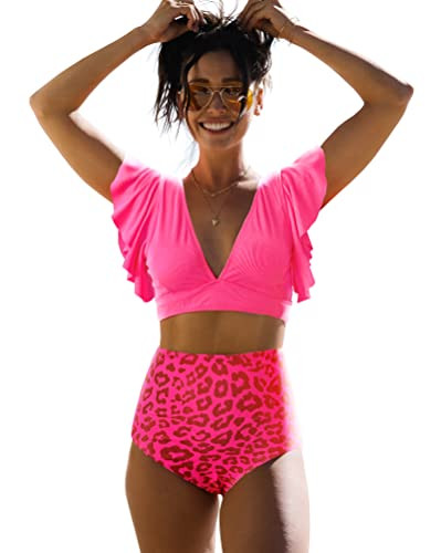 SPORLIKE Women Ruffle High Waist Swimsuit Two Pieces Push Up Tropical Print Bikini | Amazon (US)