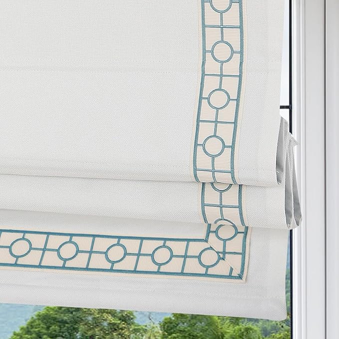 AureSun Cordless Roman Shades, Blackout Roman Shades, White Embroidered Blue Border Window Shades... | Amazon (US)