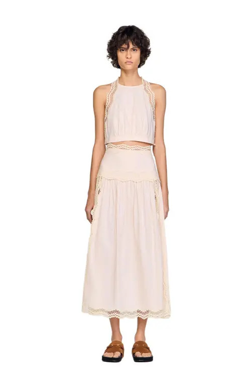 SANDRO Long cotton skirt with trim in Light Pink at Nordstrom, Size 40 | Nordstrom