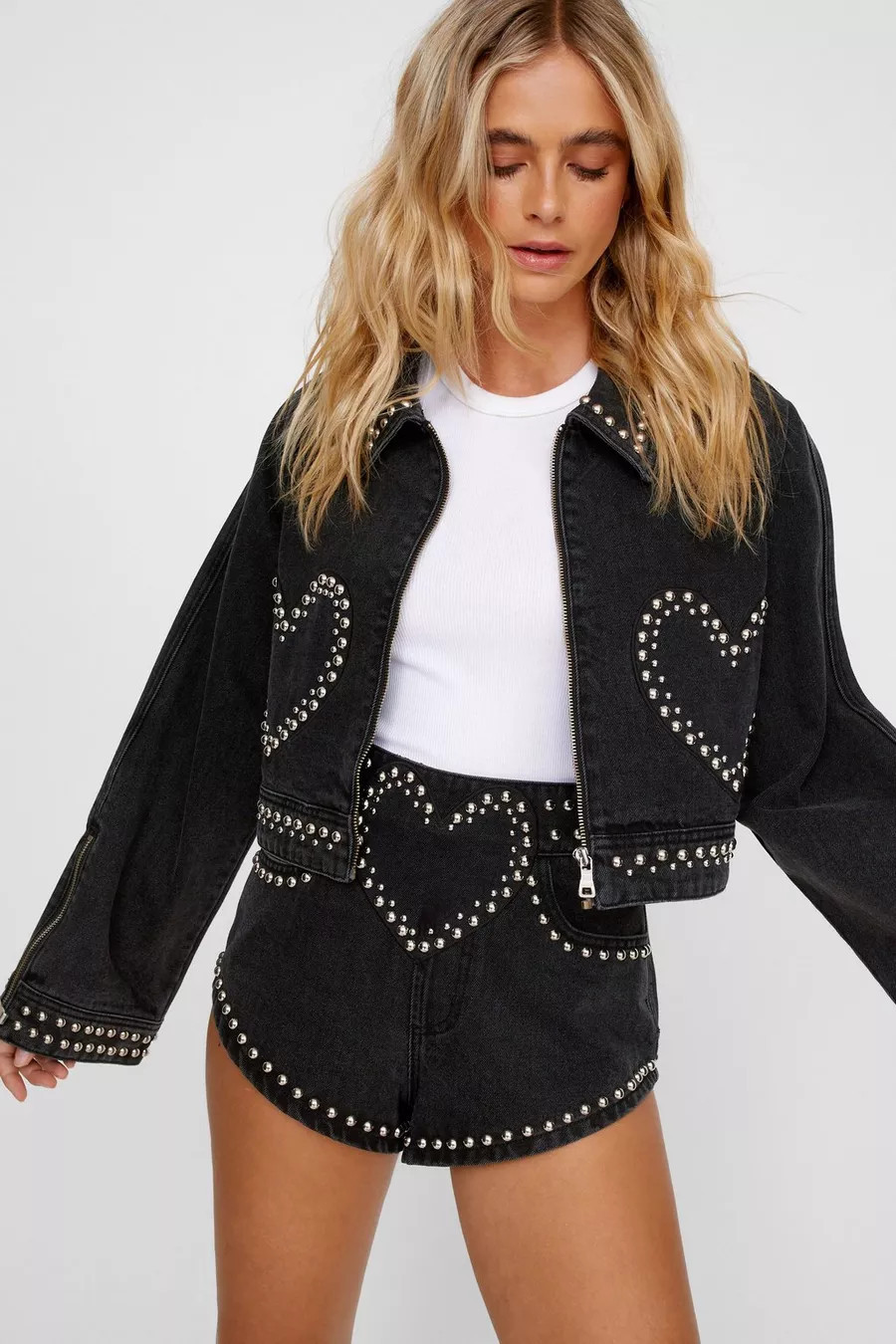 Heart Studded Cropped Denim Jacket | Nasty Gal US