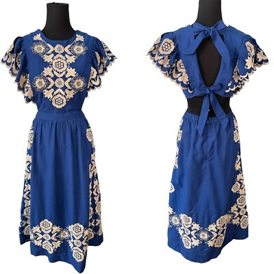 NWT SEA NEW YORK Manuela Embroidered Apron Midi Dress Blue 2 XS | eBay US