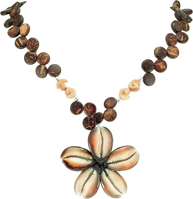 BlueRica Cowrie Flower Pendant on Wood Disk Bead Necklace | Amazon (US)