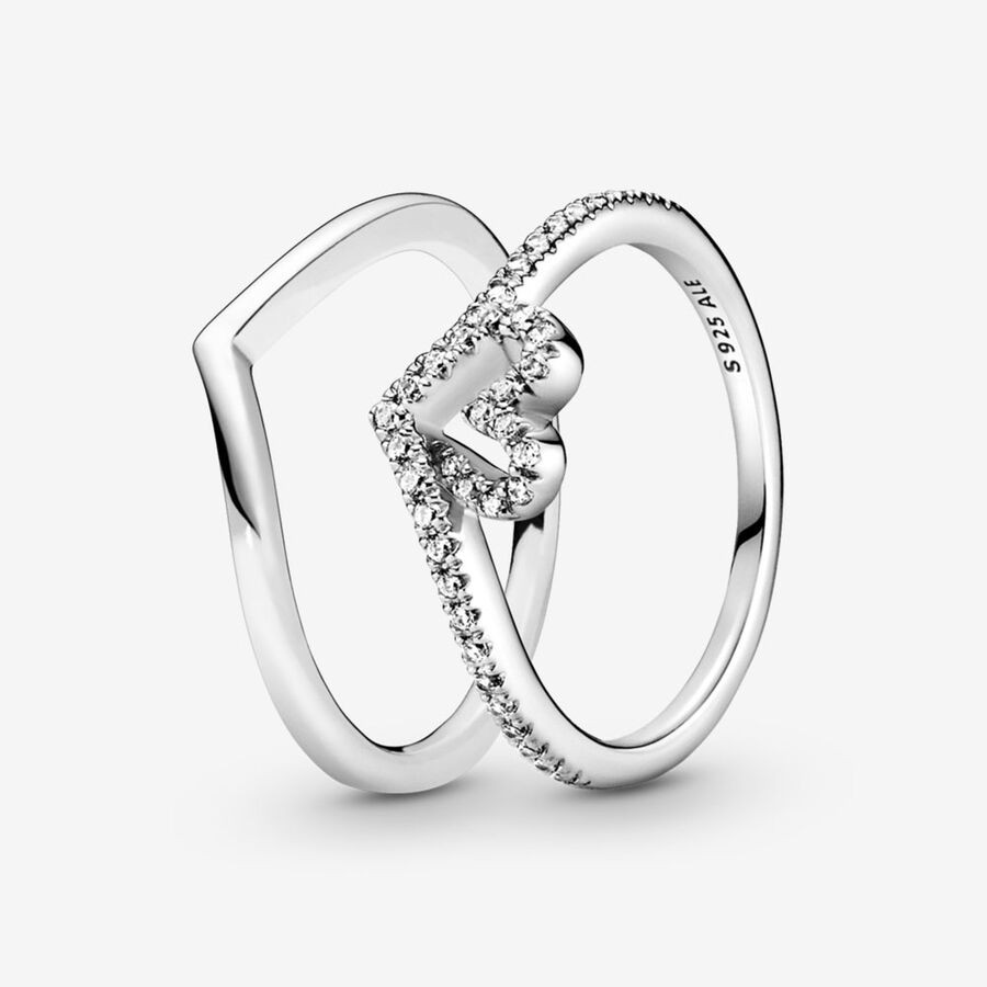 Sparkling Wishbone Heart Ring Set | Pandora (CA)
