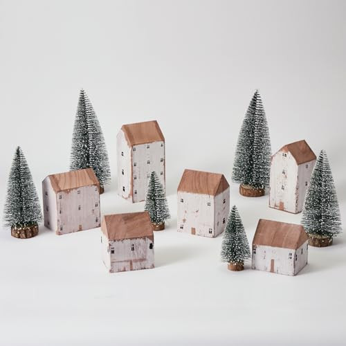 Mokof 12 Pcs Christmas Village Set - 6 Wooden Houses and 6 Snowy Trees, Farmhouse Christmas Decorations Indoor for Tabletop, Mantel, Shelves Holiday Decor (2.8" to 5.5" Tall) | Amazon (US)