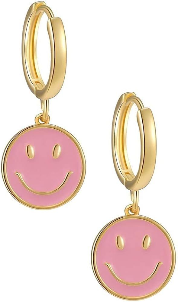 Fashion Smiley Face Earrings for Women, Gold Small Hoop Dangle Earrings with Charm, 14k Gold Plated  | Amazon (US)