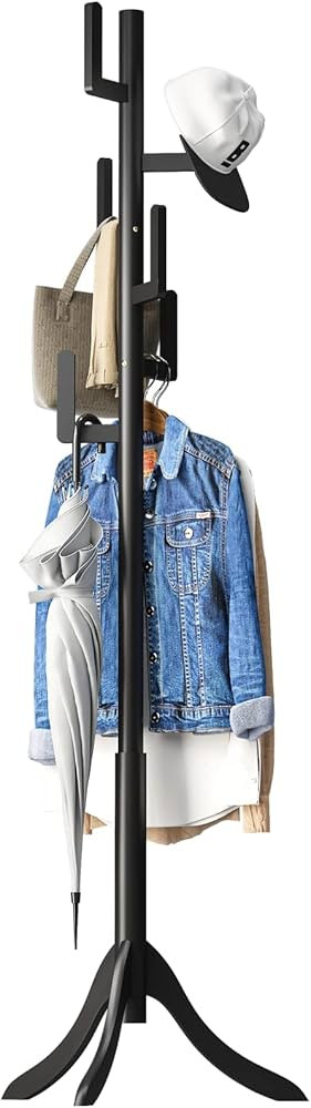 Black Coat Rack Freestanding, Bamboo Cactus Coat Tree, Adjustable Height Wooden Coat Stand with 6... | Amazon (US)