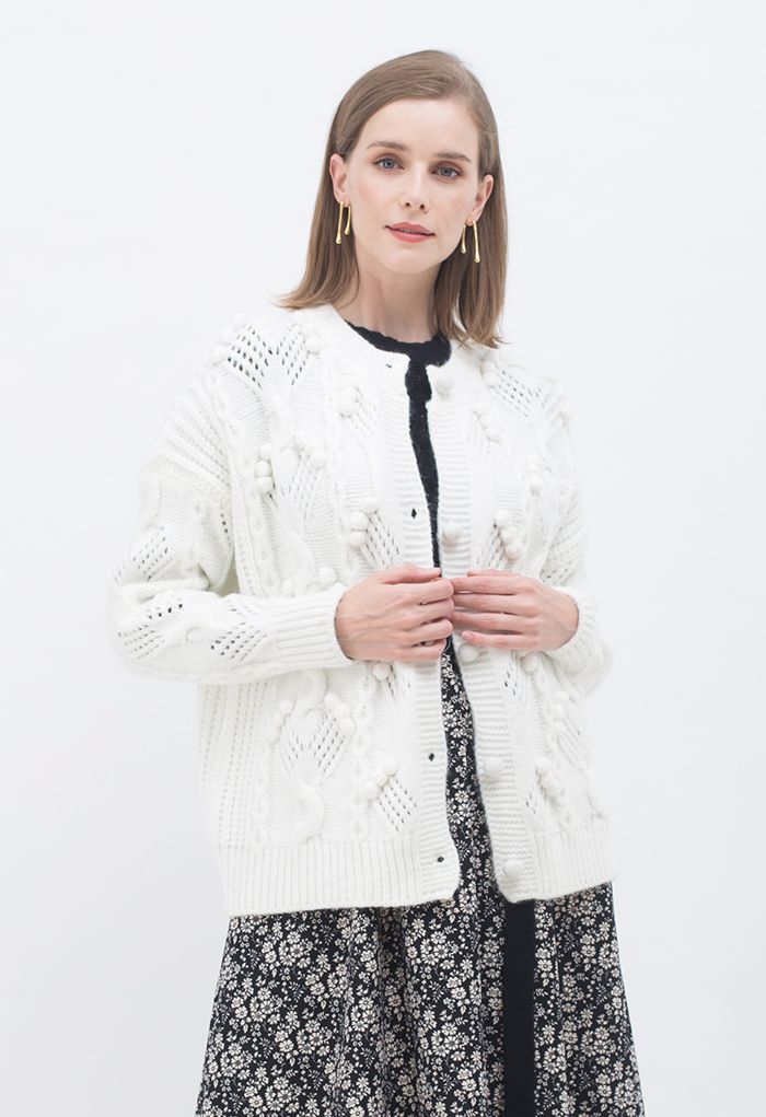 Pom-Pom Braid Hollow Out Knit Cardigan in White | Chicwish