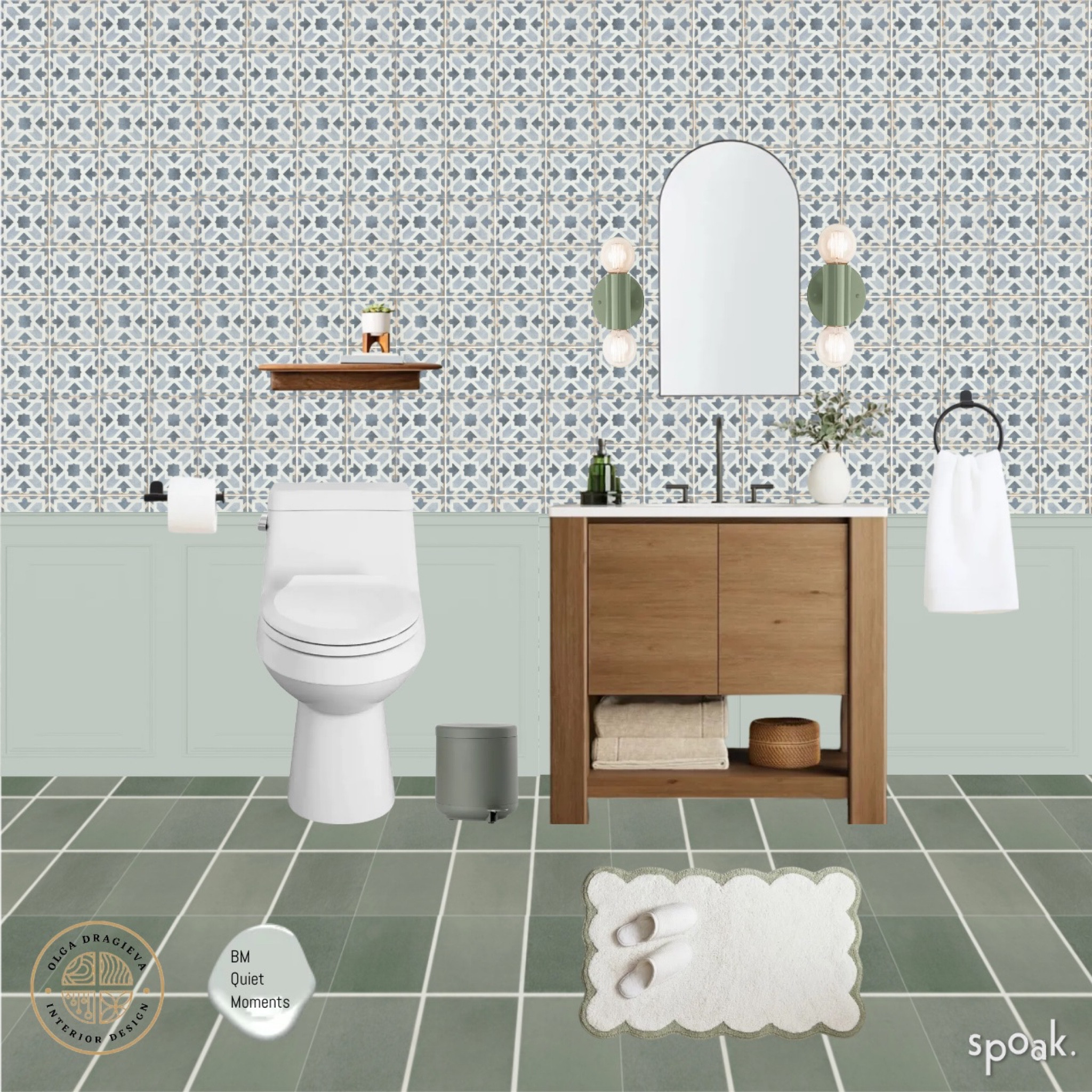 Gorgeous bathroom design with green patterned tile and a vanity from West Elm, green sconces from Schoolhouse and an arched mirror. 
#tile
#pattern

#LTKhome #LTKSpringSale #LTKstyletip