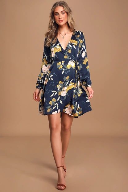 Love is Life Navy Blue Floral Print Satin Wrap Dress | Lulus (US)