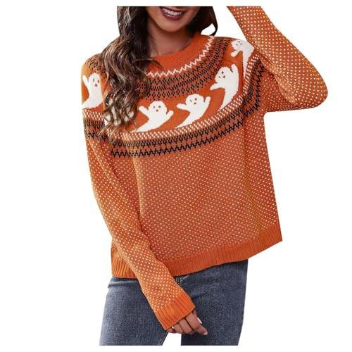 XINSHIDE Halloween Sweater for Women Gothic Ghost Pattern Cardigan Sweaters Button Down Knitted Long Sleeve Jumper Tops Teacher Gifts for Women (Orange,XL) | Amazon (US)