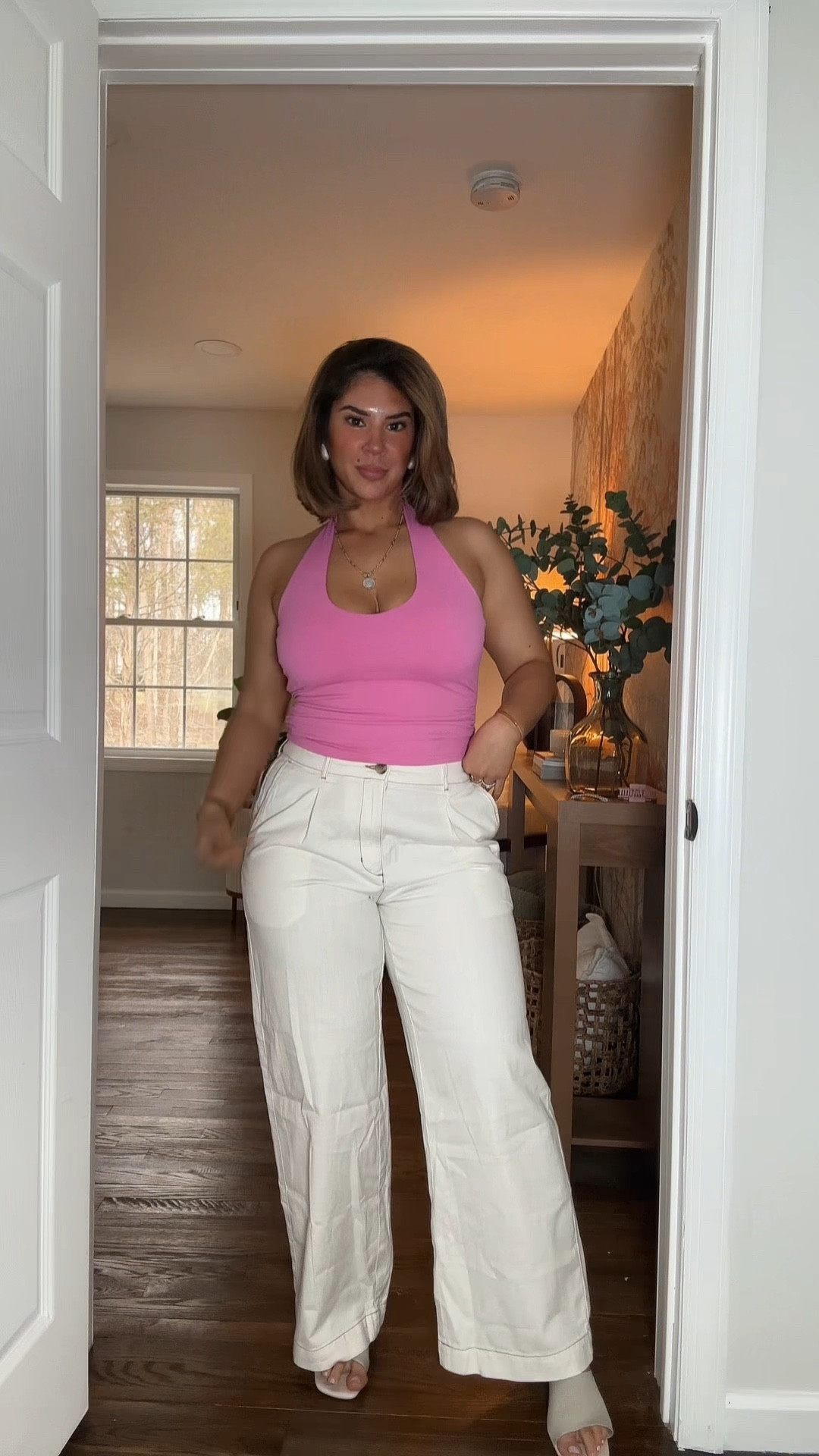 I am a size 8 in the “Extra High Waisted Taylor Wide Leg Trouser Pants”. 

I am a size 10 in the “High Waisted Taylor Trouser Wide Leg Pants”. 