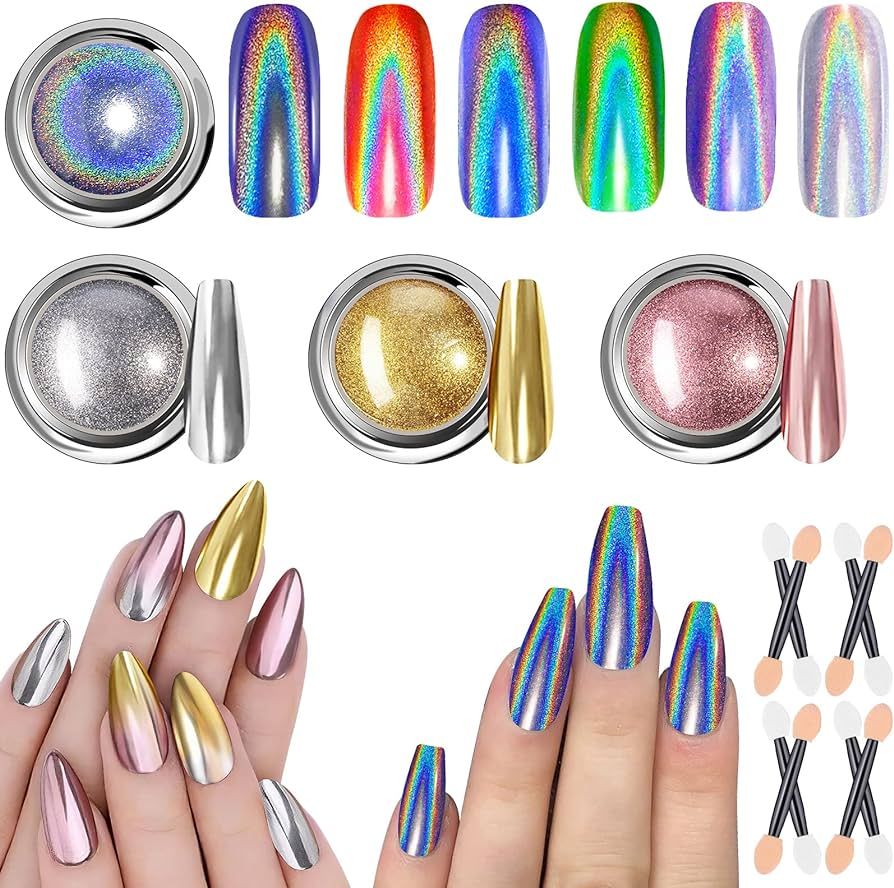 Holographic Chrome Nail Powder Set - Gitfs for Women Rose Gold Sliver Metallic Mirror Effect Nail... | Amazon (US)