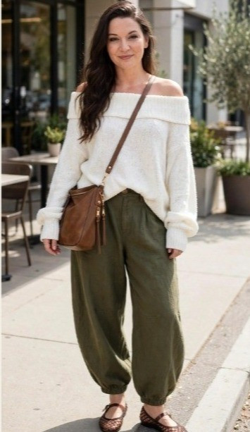 Fall uniform on lock. 🍂 Cozy off-the-shoulder sweater, olive barrel pants, jelly flats, and my go-to brown bag. Effortless, comfy, and cute — exactly how autumn should feel.#falloutfit #fallfashion #outfitinspo #autumnstyle #cozyseason #ootd

#LTKdayinmylife #LTKgrwm #LTKootd