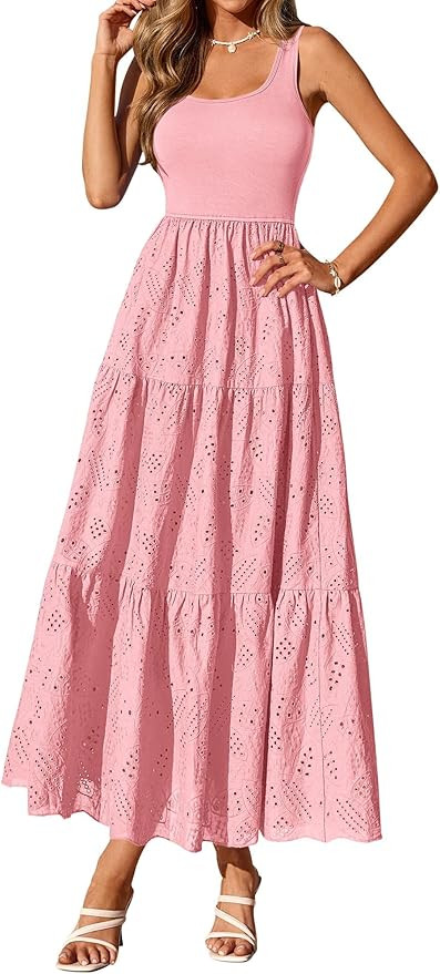 BTFBM Women Summer Eyelet Midi Dresses Casual Spring 2026 Sleeveless A Line Flowy Vacation Beach ... | Amazon (US)