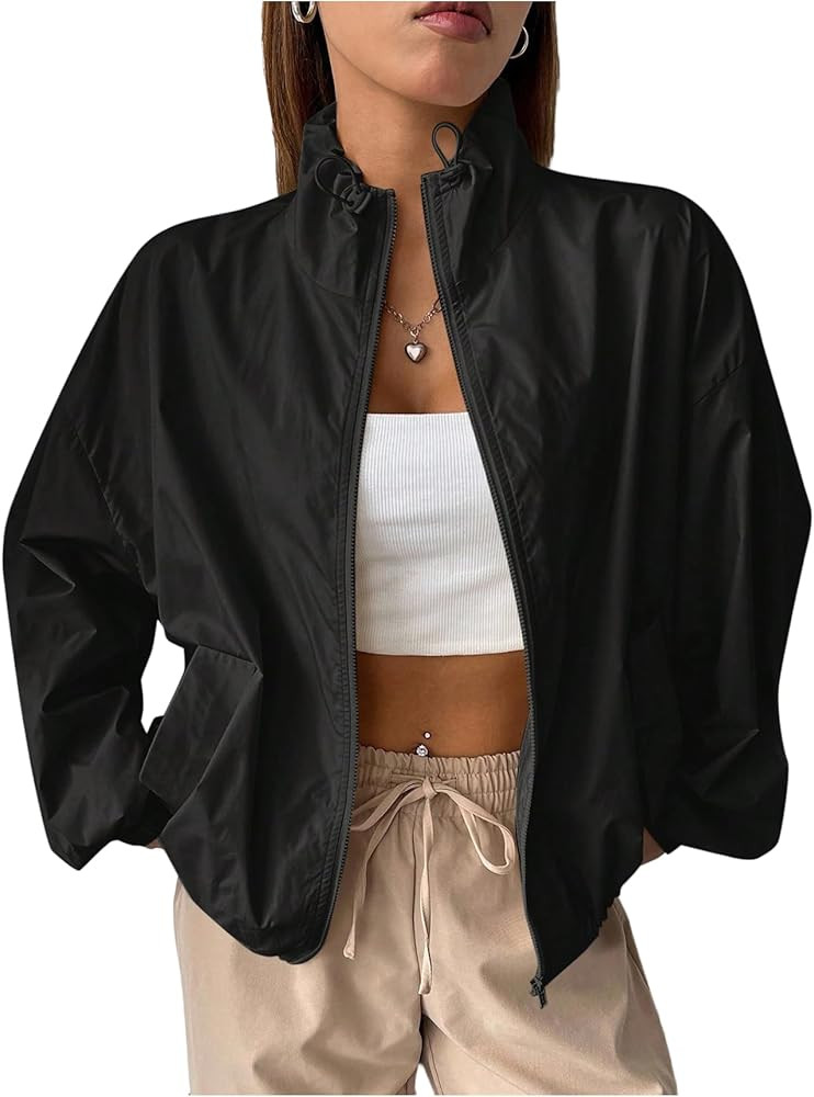 Verdusa Women's Lightweight Windbreaker Jacket Zip Up Drawstring Drop Shoulder Casual Jacket Oute... | Amazon (US)