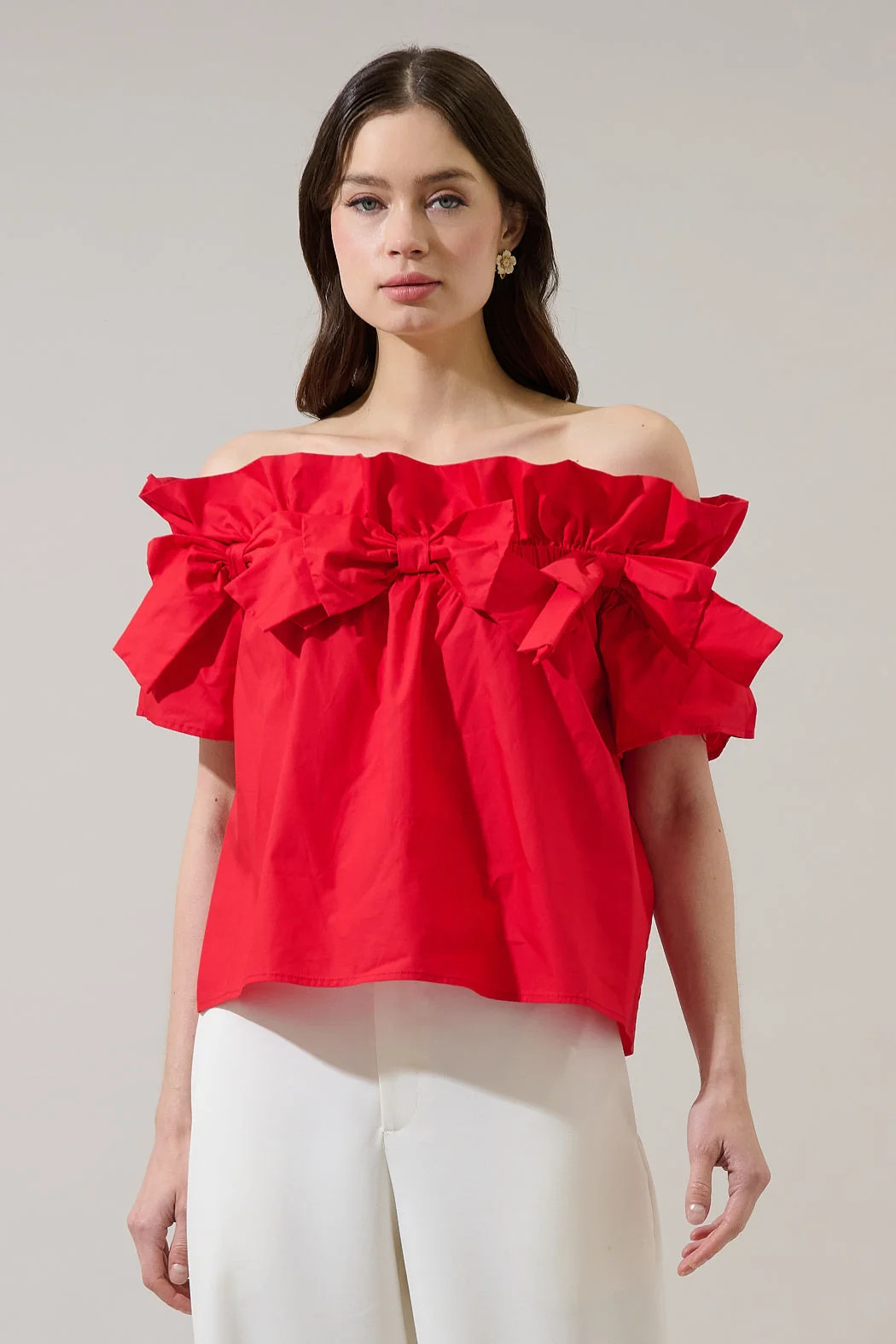Mayra Bow Ruffle Off Shoulder Top | Sugarlips