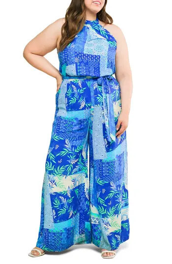 FLYING TOMATO Halter Woven Jumpsuit in Blue Combo at Nordstrom Rack, Size 2 X | Nordstrom Rack