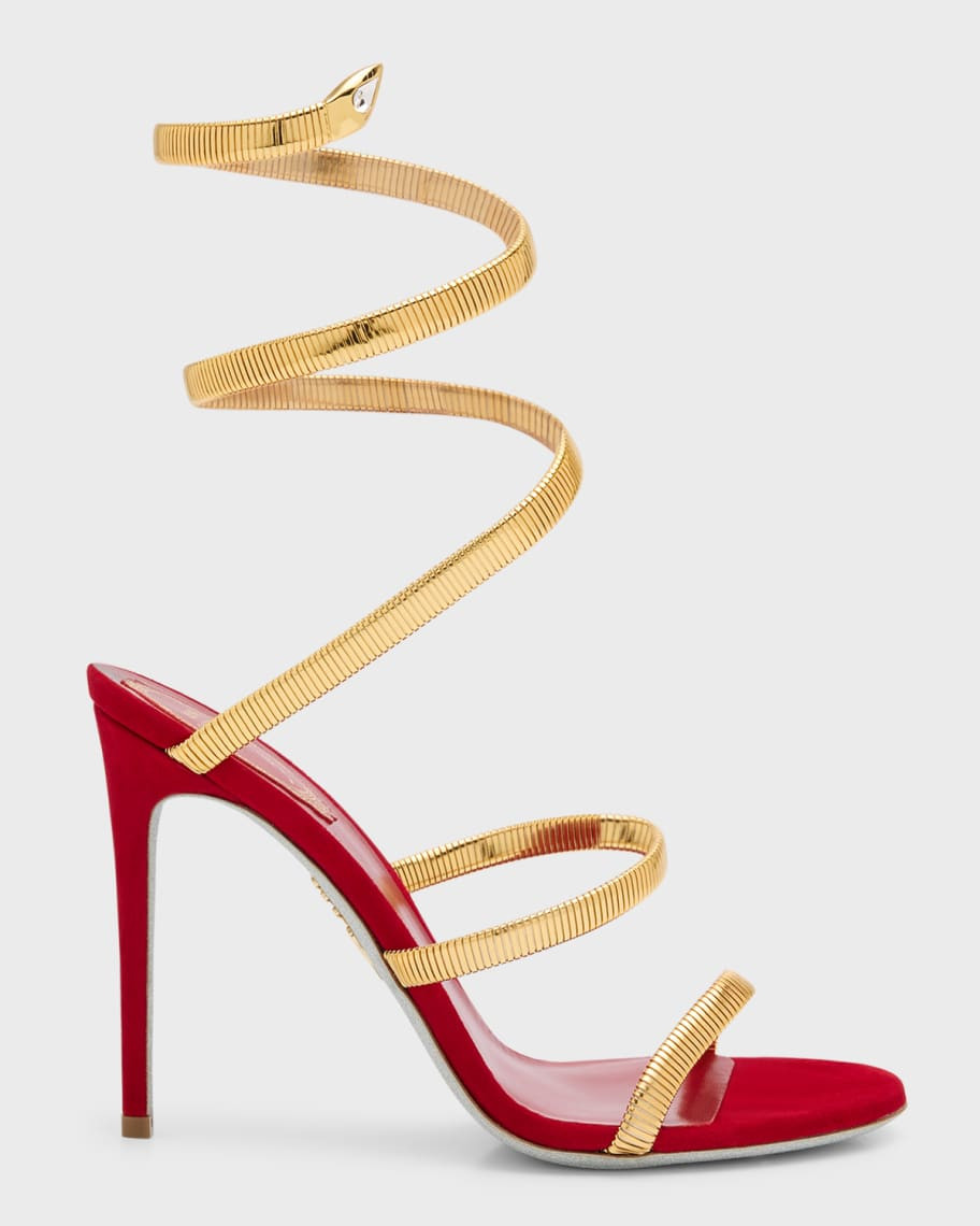 Rene Caovilla Omega Suede Copper Snake Spiral Sandals | Neiman Marcus