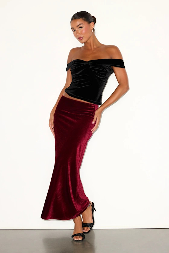 Aviona Burgundy Velvet Mid-Rise Maxi Skirt | Lulus