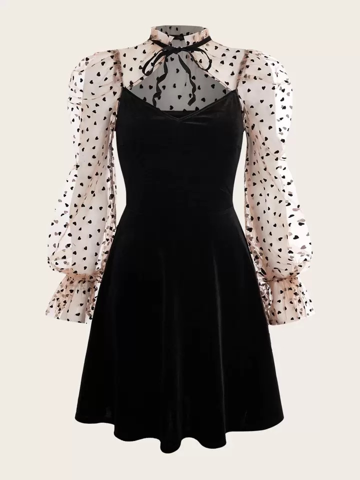 SHEIN MOD Colorblock Heart Print Tie Neck Flounce Sleeve Velvet Dress | SHEIN