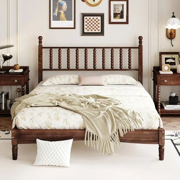 Noble House Queen Size Wood Platform Bed with Gourd-Shaped Headboard, Retro Wooden Bed Frame with... | Walmart (US)