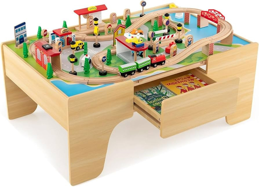 Costzon Train Table, 3-in-1 Wooden Train Set Table with Reversible 84 PCS Track Train Toys, Table... | Amazon (US)