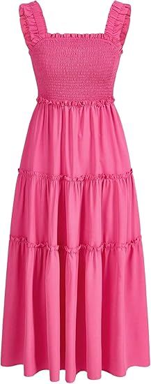 MakeMeChic Women's Floral Print Square Neck Shirred Sleeveless Long Summer Dress Hot Pink Layered... | Amazon (US)
