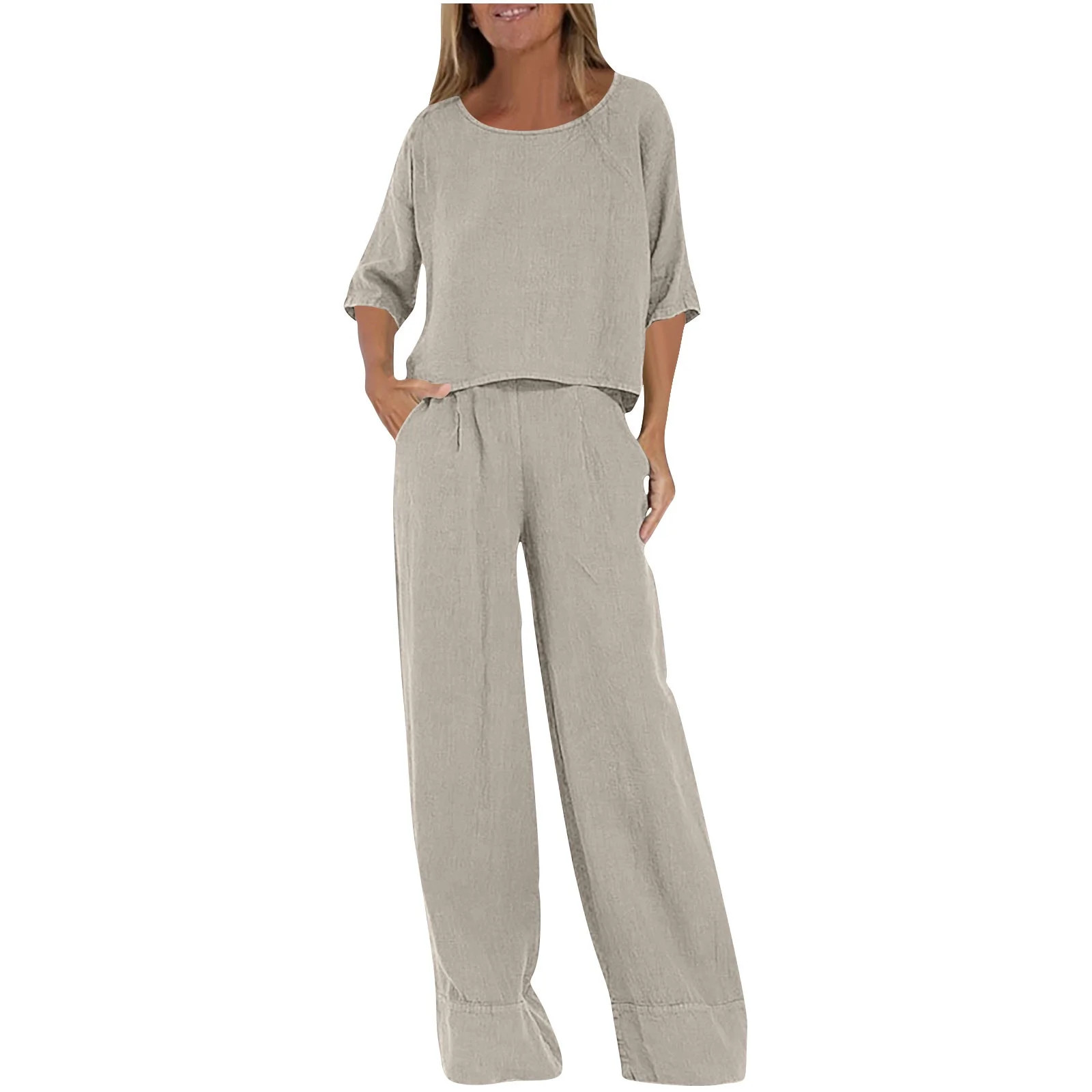 Kaemgyyd Linen Sets for Women 2 Piece Outfit Classic Half Sleeve Loose Scoop Neck Tops Breathable... | Walmart (US)