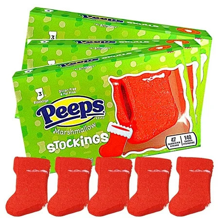 Peeps Marshmallow Candy Christmas Stockings, Red Sugar Coated Character Shaped Marshmallows, Holiday Stocking Stuffers for Kids, Pack of 3 | Walmart (US)