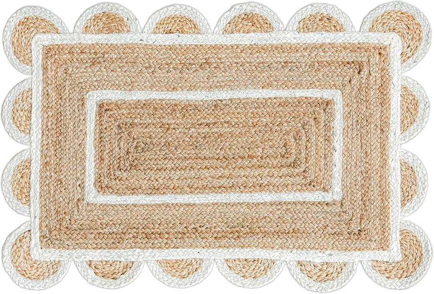 Scalloped Natural Jute Area Rug, Natural Base Off White Trim, 2x3 | Amazon (US)
