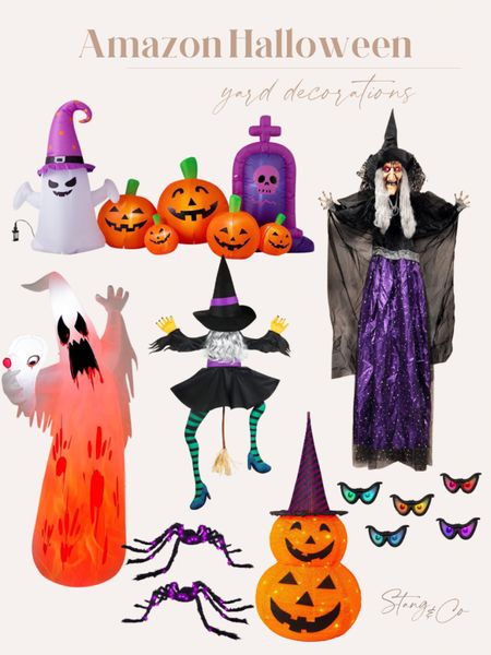Amazon Halloween yard decorations, including blow up lawn decor, light up ghosts, large witches, led pumpkins and spiders, and blinking eyes for the bushes. 

#LTKhome #LTKunder50 #LTKSeasonal