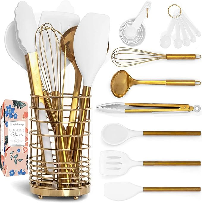 Gold Kitchen Utensils with Holder - 17PC White & Gold Cooking Utensils Set Includes Gold Utensil ... | Amazon (US)