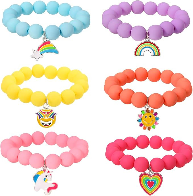 PinkSheep Unicorn Beads Pendant Bracelet for Kid Girl, 6PC, Rainbow Monster Sun Flower Heart Mete... | Amazon (US)