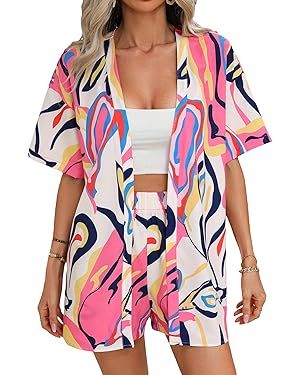 MakeMeChic Women's Plus Size Boho Summer 2 Piece Outfits Tropical 3/4 Sleeve Kimono Cardigan Shir... | Amazon (US)