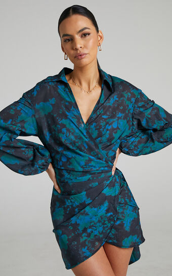 Mirski Mini Dress - Balloon Sleeve Wrap Dress in Jewel Blur | Showpo (US, UK & Europe)