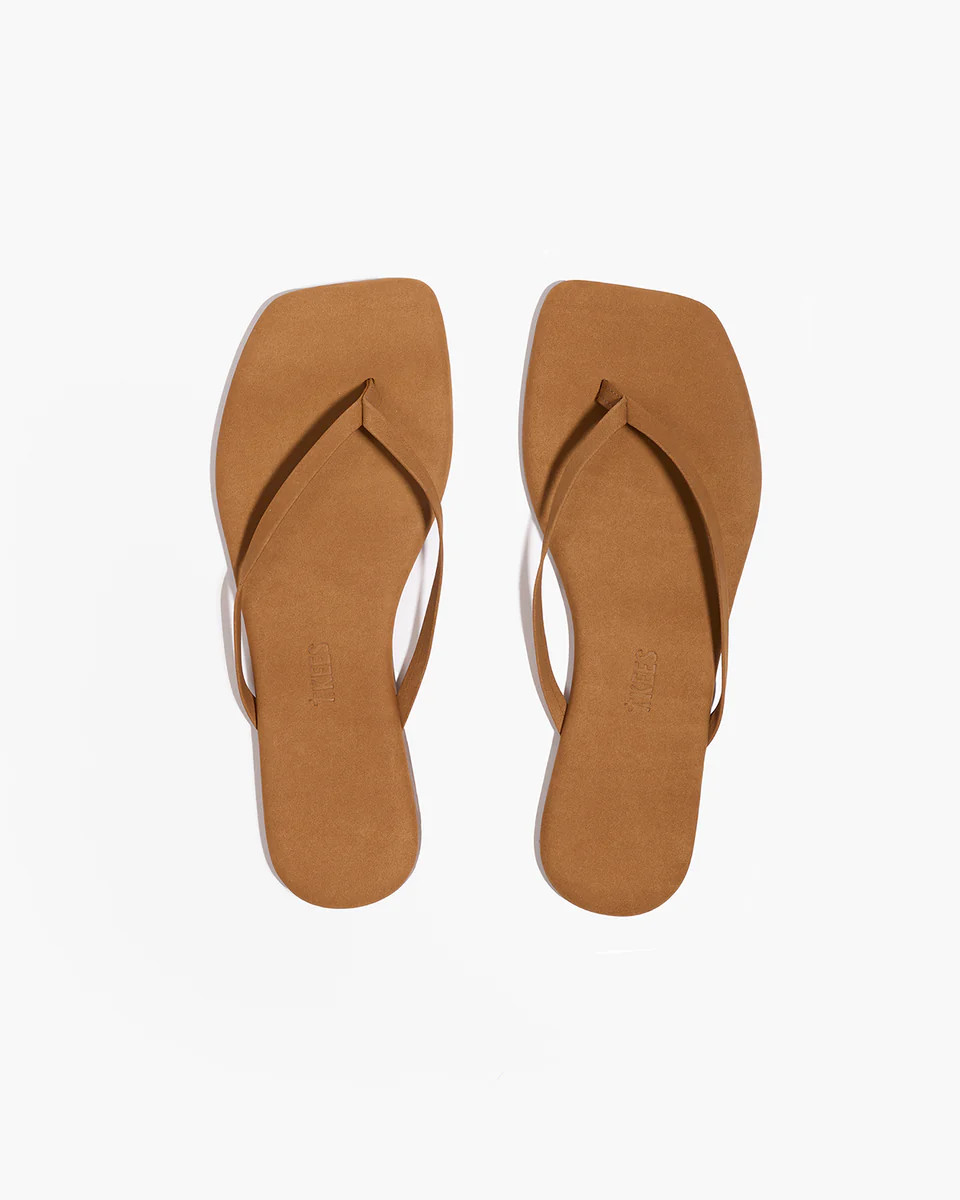 TKEES Square Toe Lily Suede Flip Flops in Camel | TKEES