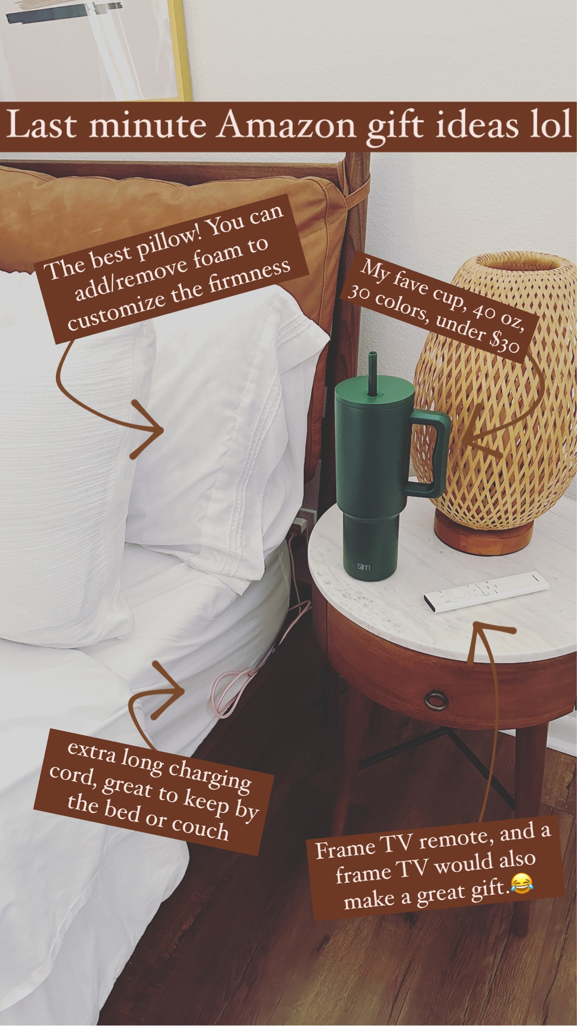 walked into my room and saw some great Amazon finds that would make great last minute gift ideas! My favorite simple modern cup, under $30, tons of colors to pick from, 40 oz. An extra long charging cord, I love to have these by the couch or bed, only $11, great stocking stuffer! My favorite pillow is the coop pillow and you can customize the firmness! My frame TV remote is there....we have the 55" and it's so beautiful and functional a great luxury gift!
................
Amazon gift ideas last-minute gift ideas gift ideas under $25 gift ideas under $30 gift ideas under $50. Gift ideas under $100 best pillow for side sleepers, best pillow for back sleepers Amazon under $25, Amazon gifts, Amazon finds simple modern cup Stanley Cup, dupe phone charger lightning cable stocking stuffers under $15 stocking stuffer ideas gifts for her gifts for teens gifts for him gifts for in-laws gifts for moms gifts for friends, favorite things party gift ideas


#LTKfamily #LTKhome #LTKGiftGuide