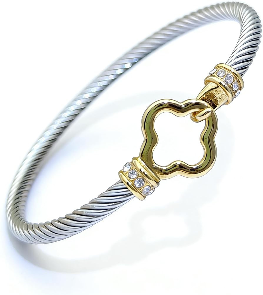 Decpro Twist Stainless Steel Cable Wire Gold Plated Flower Charm Bracelets Friendship Open Bangle... | Amazon (US)
