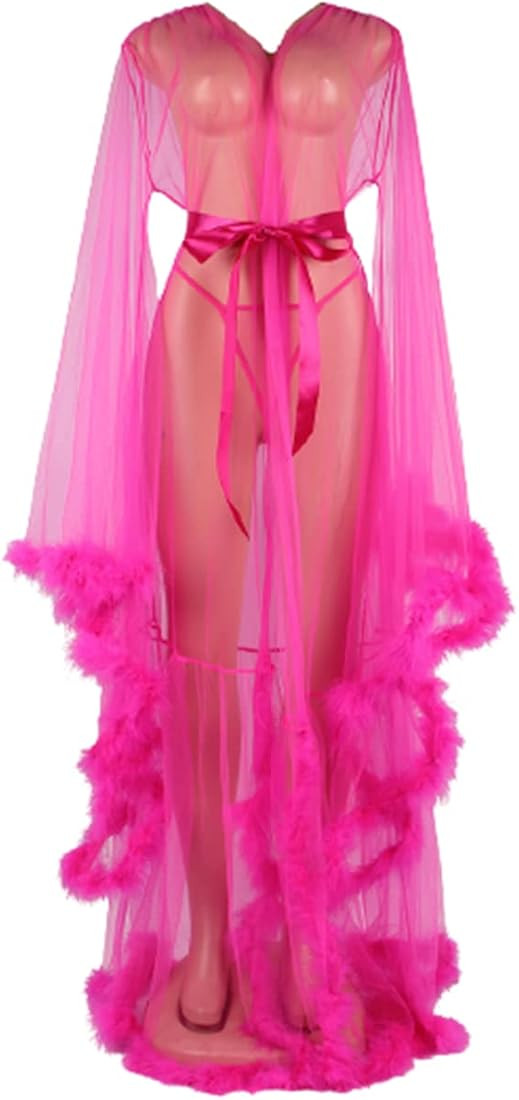 ohyeah Women Feather Bridal Robe Wedding Scarf Long Gown Lingerie Robe with Fur Nightgown Bathrob... | Amazon (US)